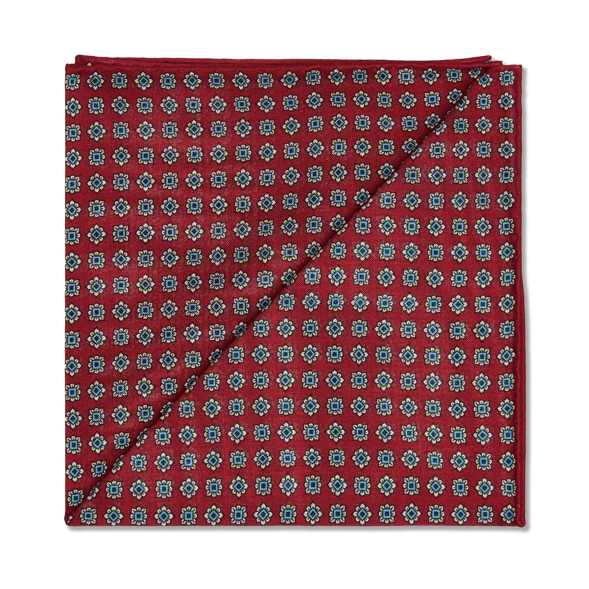Pochette Rouge framboise, bleu ciel et blanc - Motif Floral - Laine & Soie