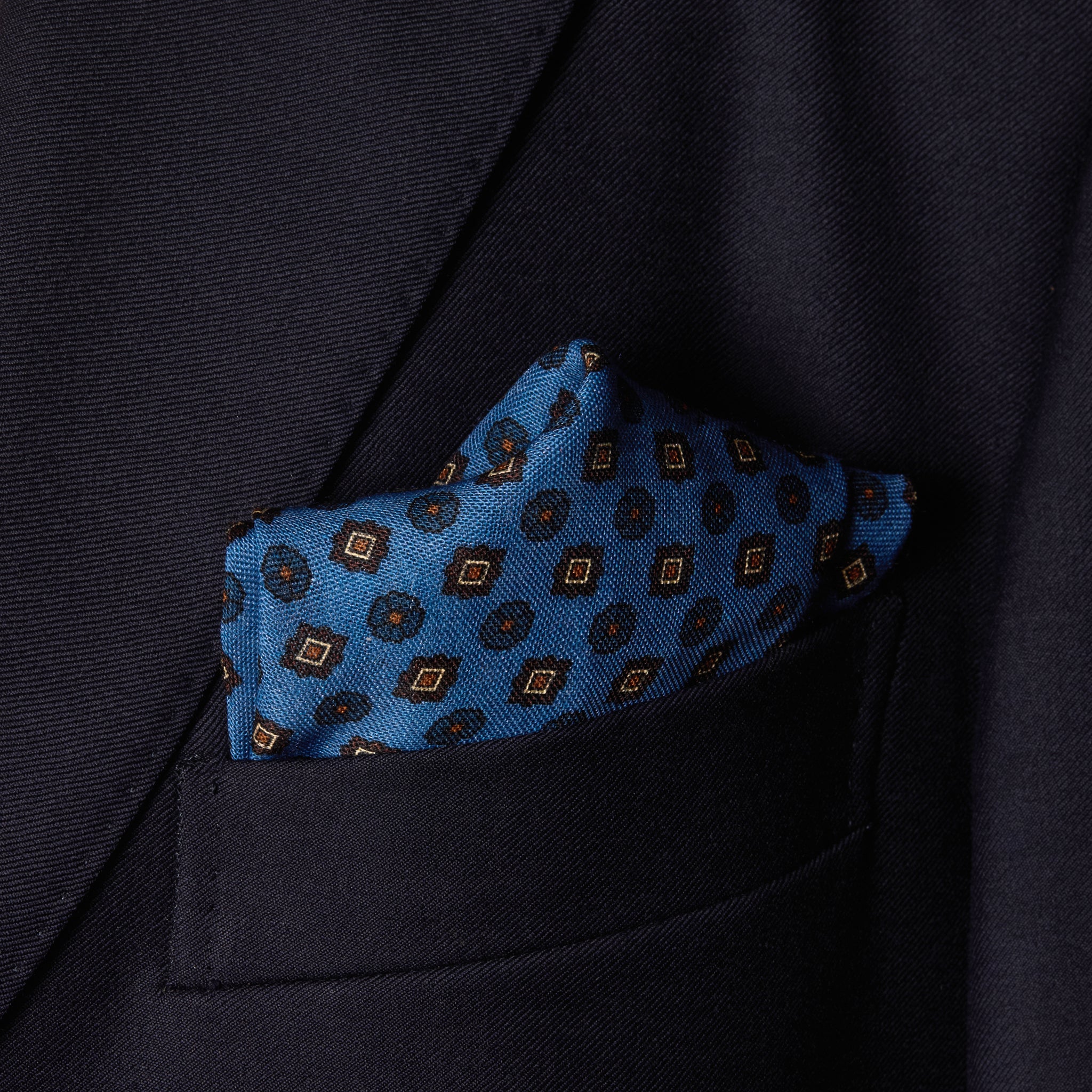 Midnight Blue, Navy & Brown Pocket Square – Floral Pattern – Wool & Silk