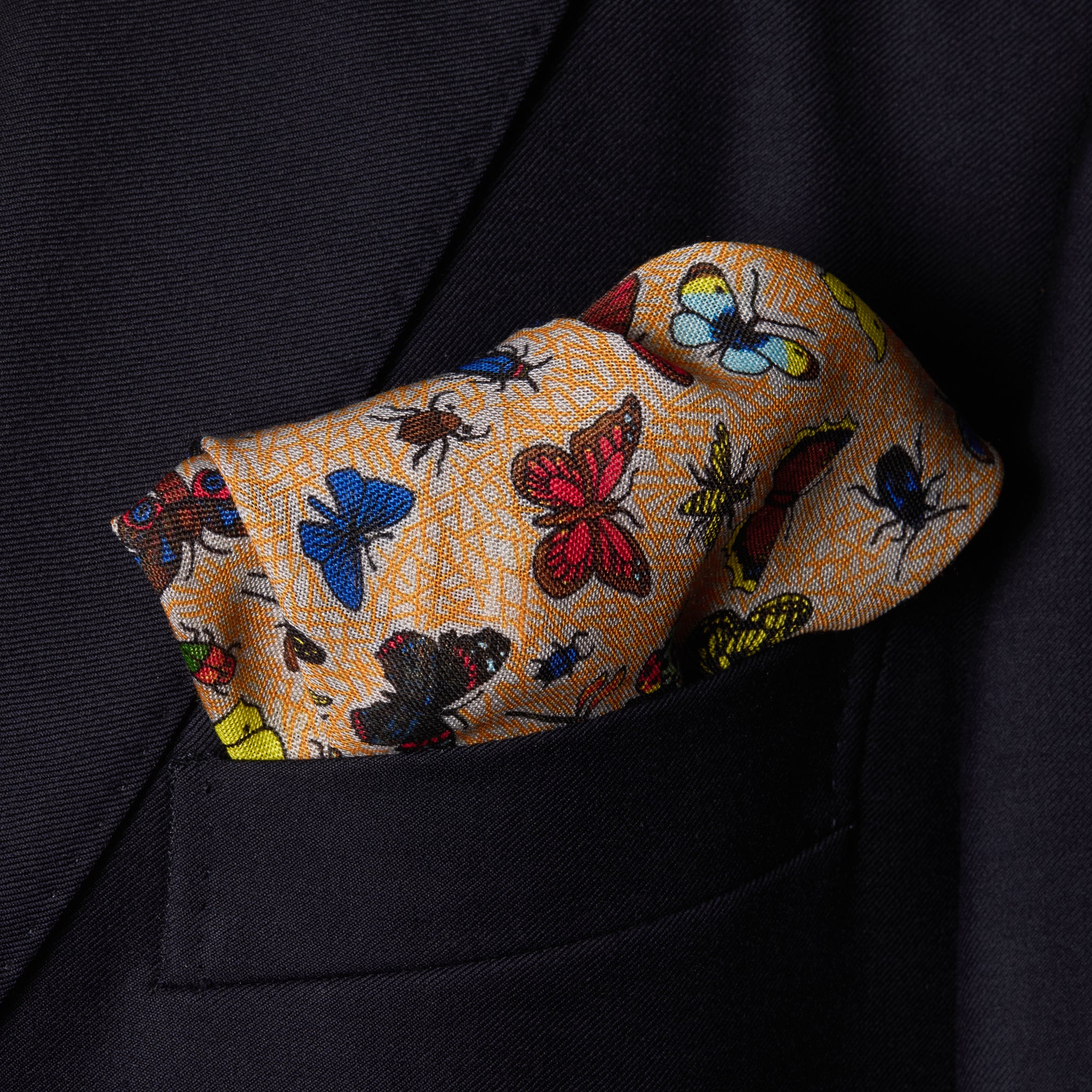 Multicoloured Pocket Square – Insect Pattern – Wool & Silk