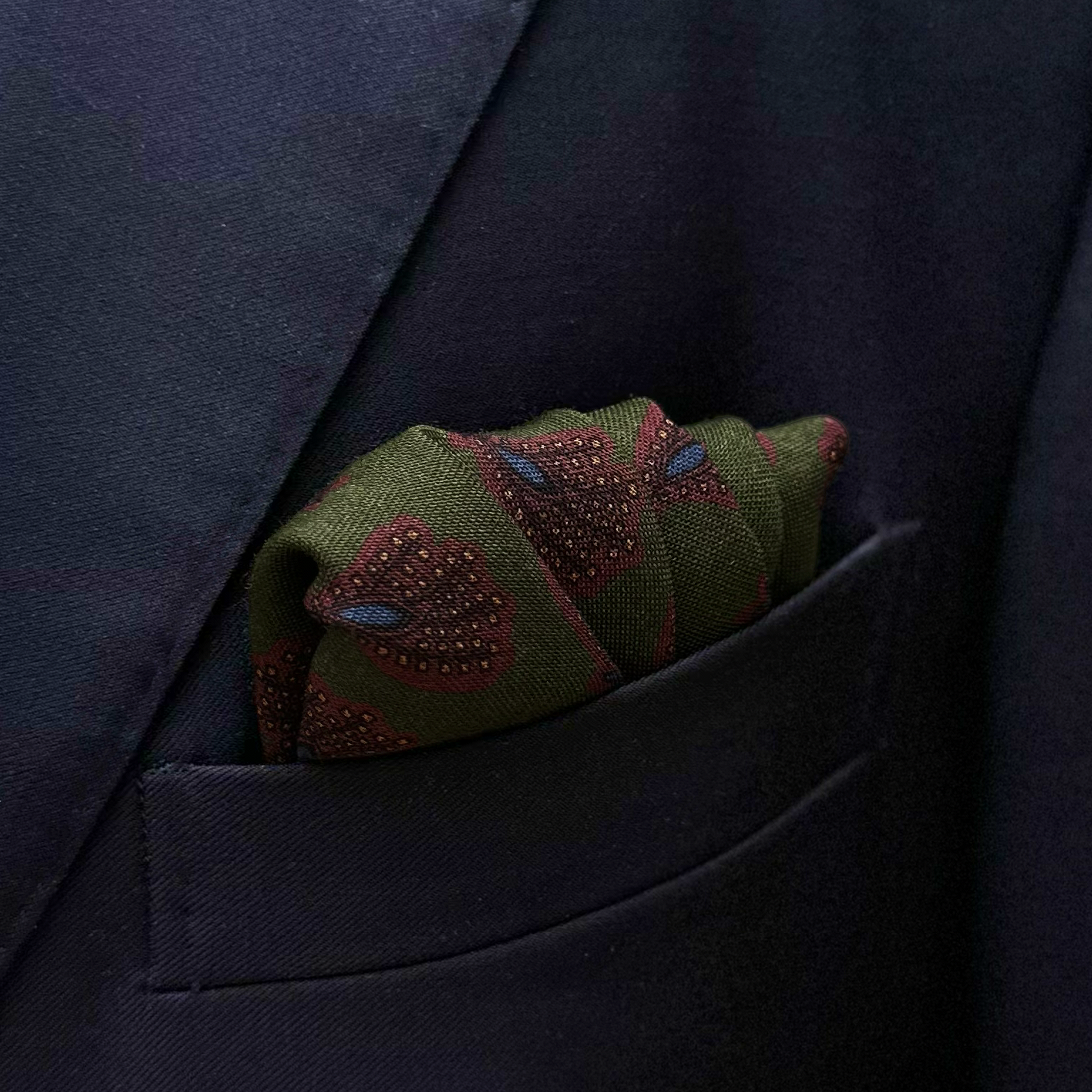 Einstecktuch Khakigrün & bordeaux & Blau - Paisley-Muster - Wolle & Seide