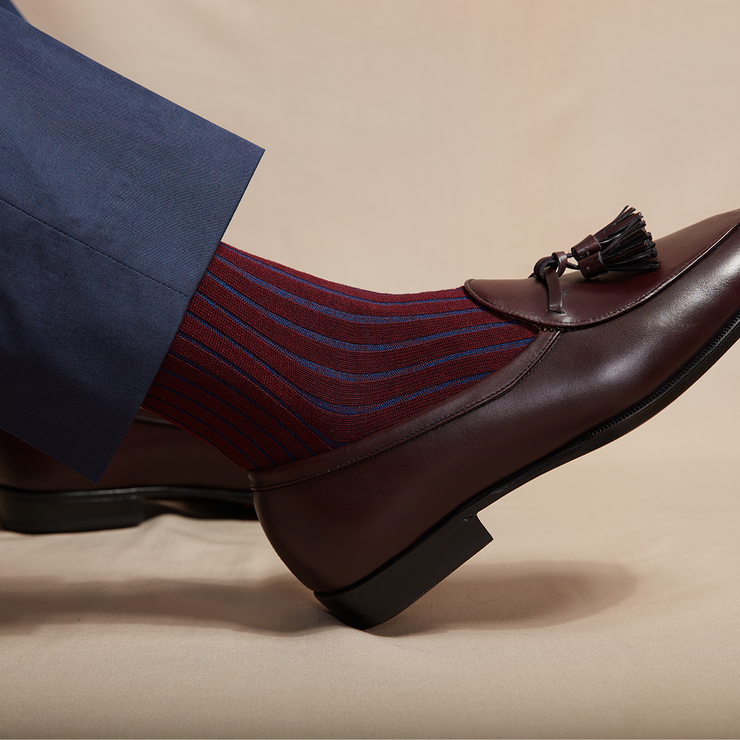 Burgundy & blue striped socks - Super-strong Cotton lisle - Mazarin Mes Chaussettes Rouges Burgundy & blue striped socks - Super-strong Cotton lisle - Mazarin Mes Chaussettes Rouges