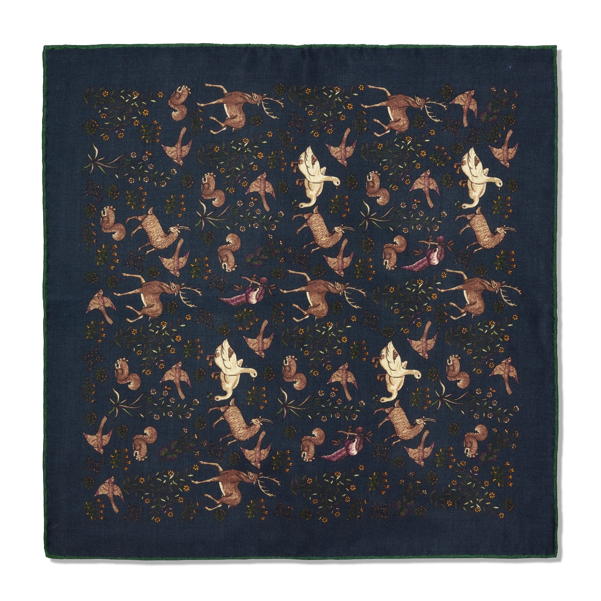 Pochette marine & vert - Motif Animaux - Laine & Soie