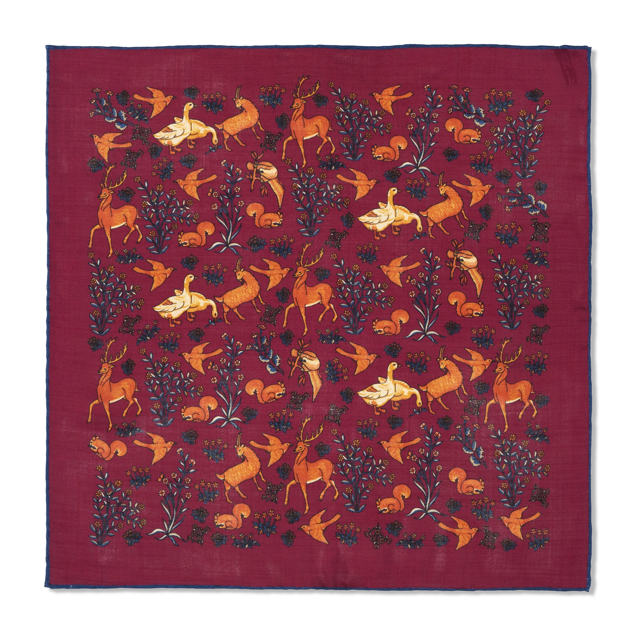 Burgundy & Blue Pocket Square – Animal Pattern – Wool & Silk