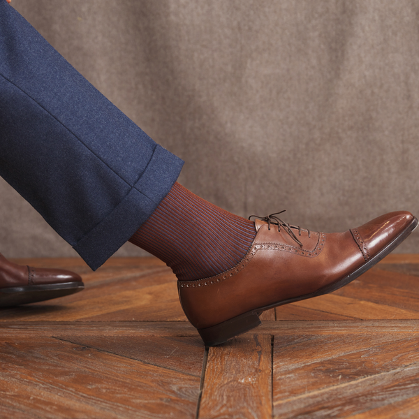 Knee-highs with fine brown and blue stripes in pure Cotton lisle - Bresciani Mes Chaussettes Rouges Knee-highs with fine brown and blue stripes in pure Cotton lisle - Bresciani Mes Chaussettes Rouges