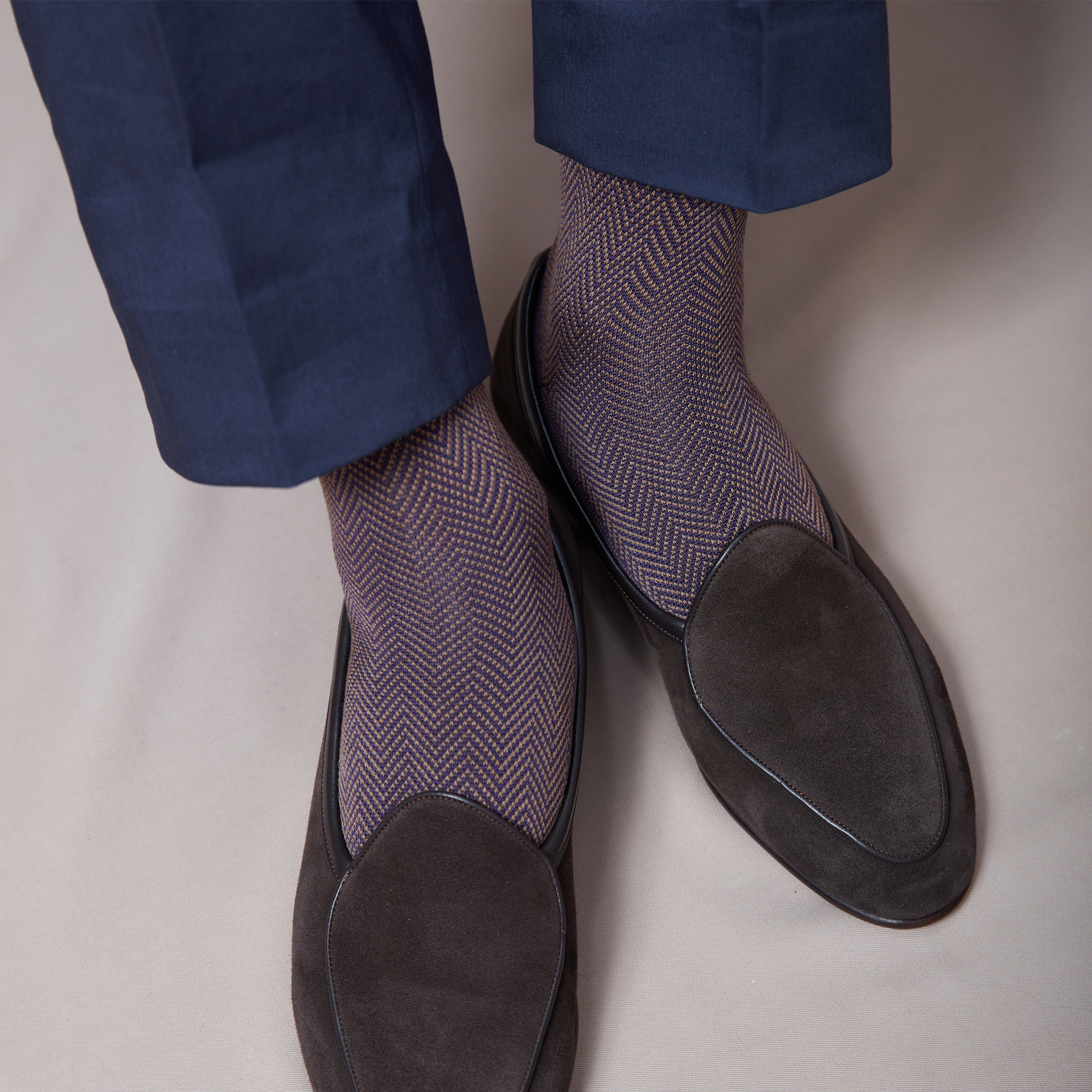 Violett & Beige - Fischgrätenmuster - Super-Solid Fil d'Écosse Baumwolle