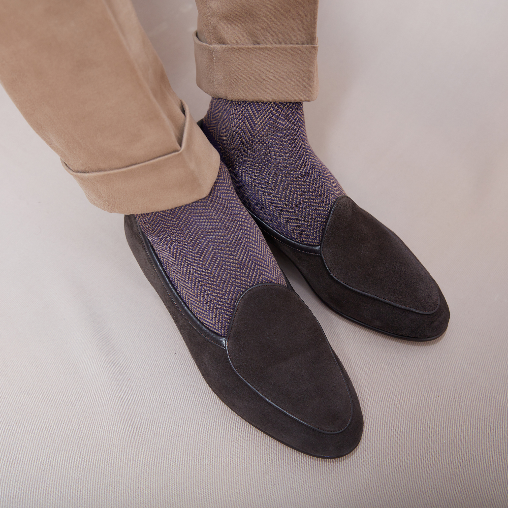 Violett & Beige - Fischgrätenmuster - Super-Solid Fil d'Écosse Baumwolle