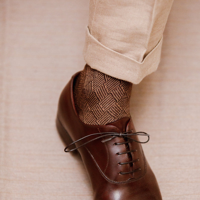 Short socks with brown & beige basketweave pattern - Wool - Bresciani Mes Chaussettes Rouges Short socks with brown & beige basketweave pattern - Wool - Bresciani Mes Chaussettes Rouges