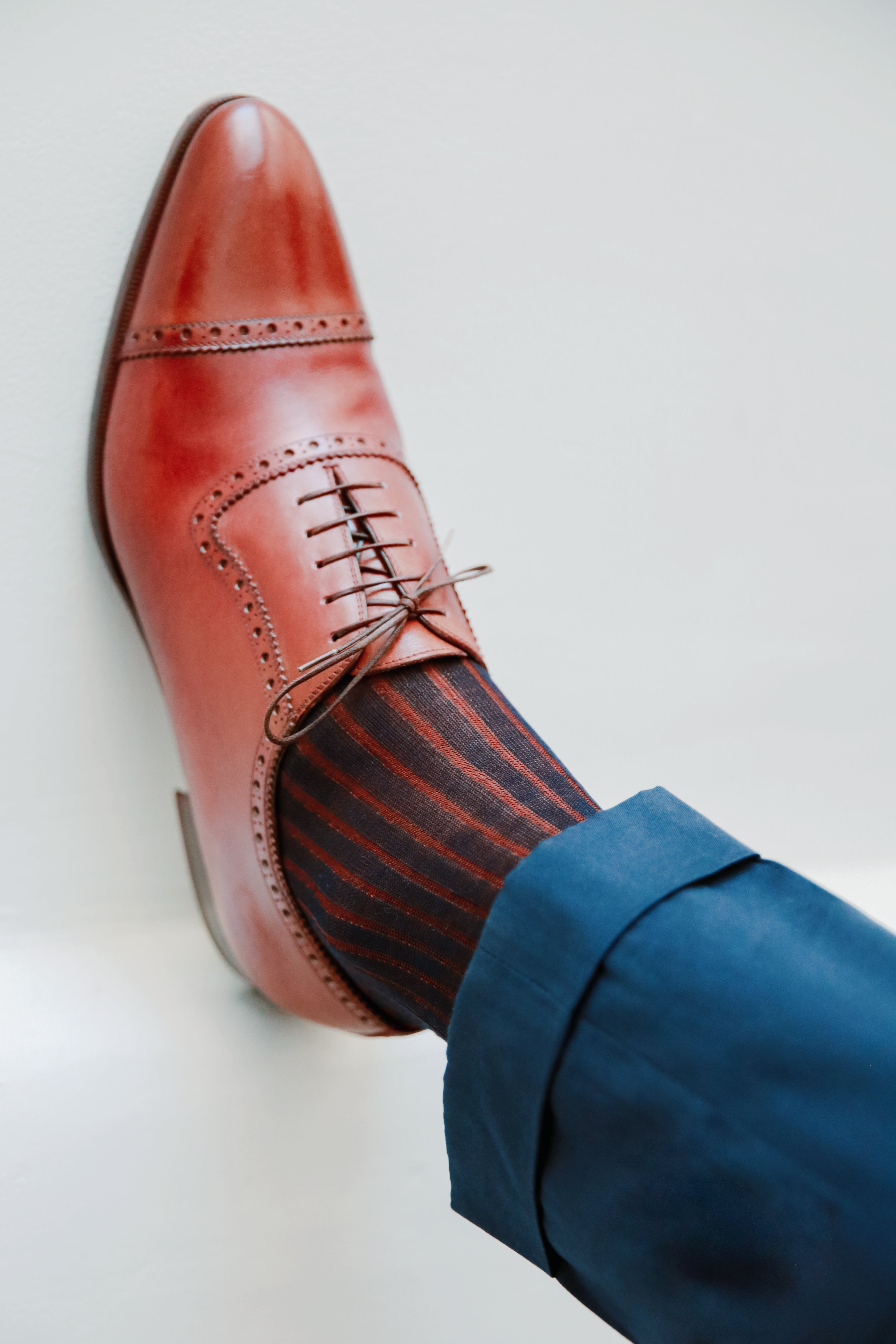 Chaussettes courtes rayees navy marron 100 fil d Ecosse Bresciani Mes Chaussettes Rouges