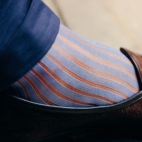 Sky blue & orange knee-high socks - 100% Cotton lisle - Bresciani Mes Chaussettes Rouges Sky blue & orange knee-high socks - 100% Cotton lisle - Bresciani Mes Chaussettes Rouges