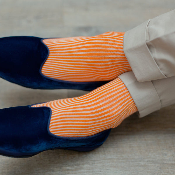 orange dress socks men Orange & Beige knee-high socks - Deckchair stripes - Cotton lisle