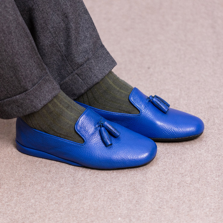 Chaussons en cuir graine pour homme bleu roi Mazarin Mes Chaussettes Rouges