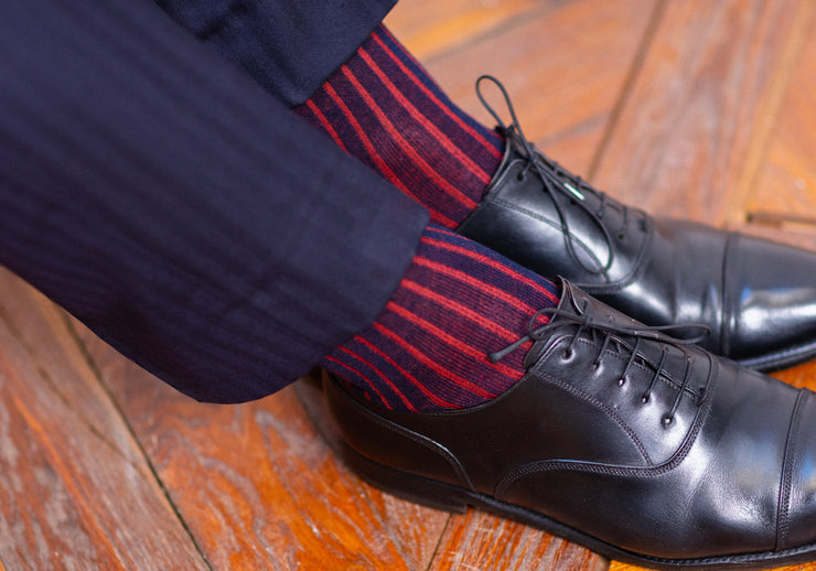 Navy and red striped short socks Super strong Cotton lisle Mes Chaussettes Rouges
