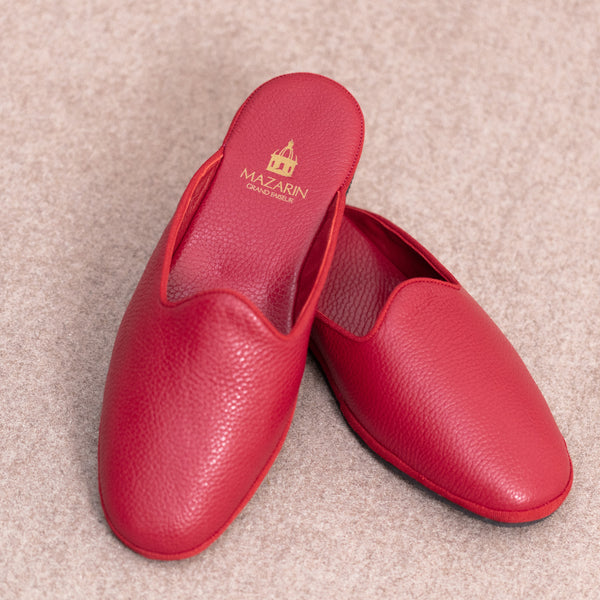 Red - Backless Slippers - Grained Leather
