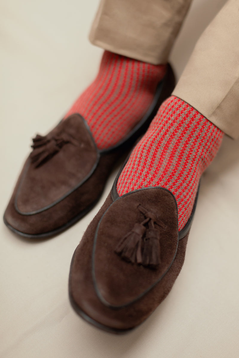 Taupe & Red - Houndstooth - Super-Durable Cotton Lisle