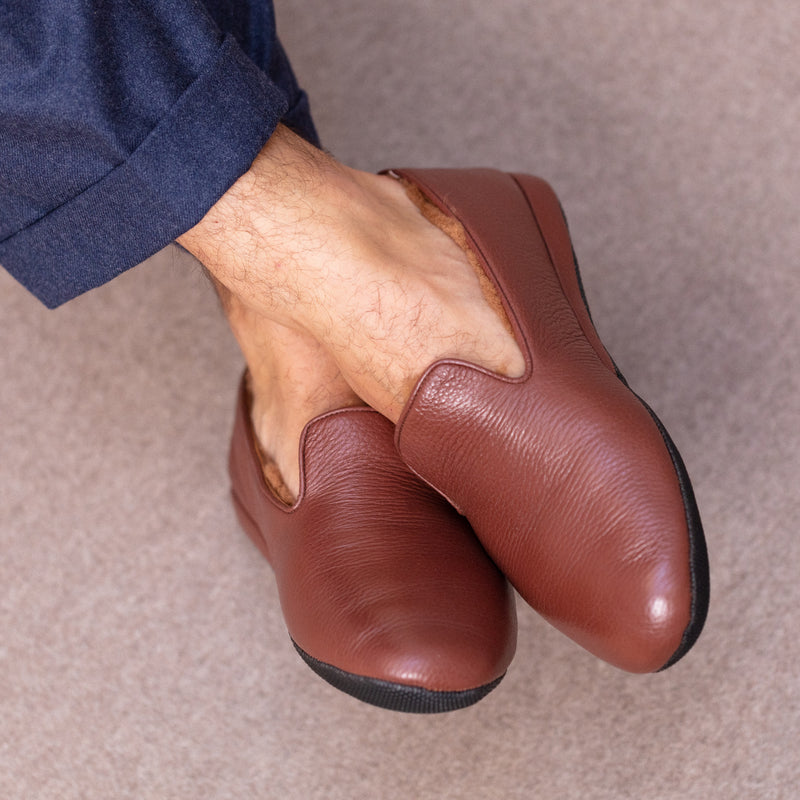 Brown - Fur-Lined Slippers - Grained Leather