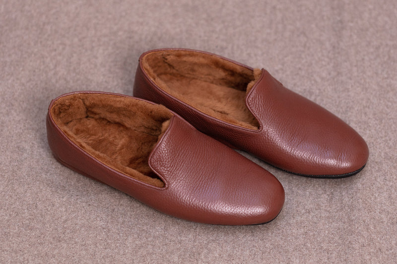 Brown - Fur-Lined Slippers - Grained Leather